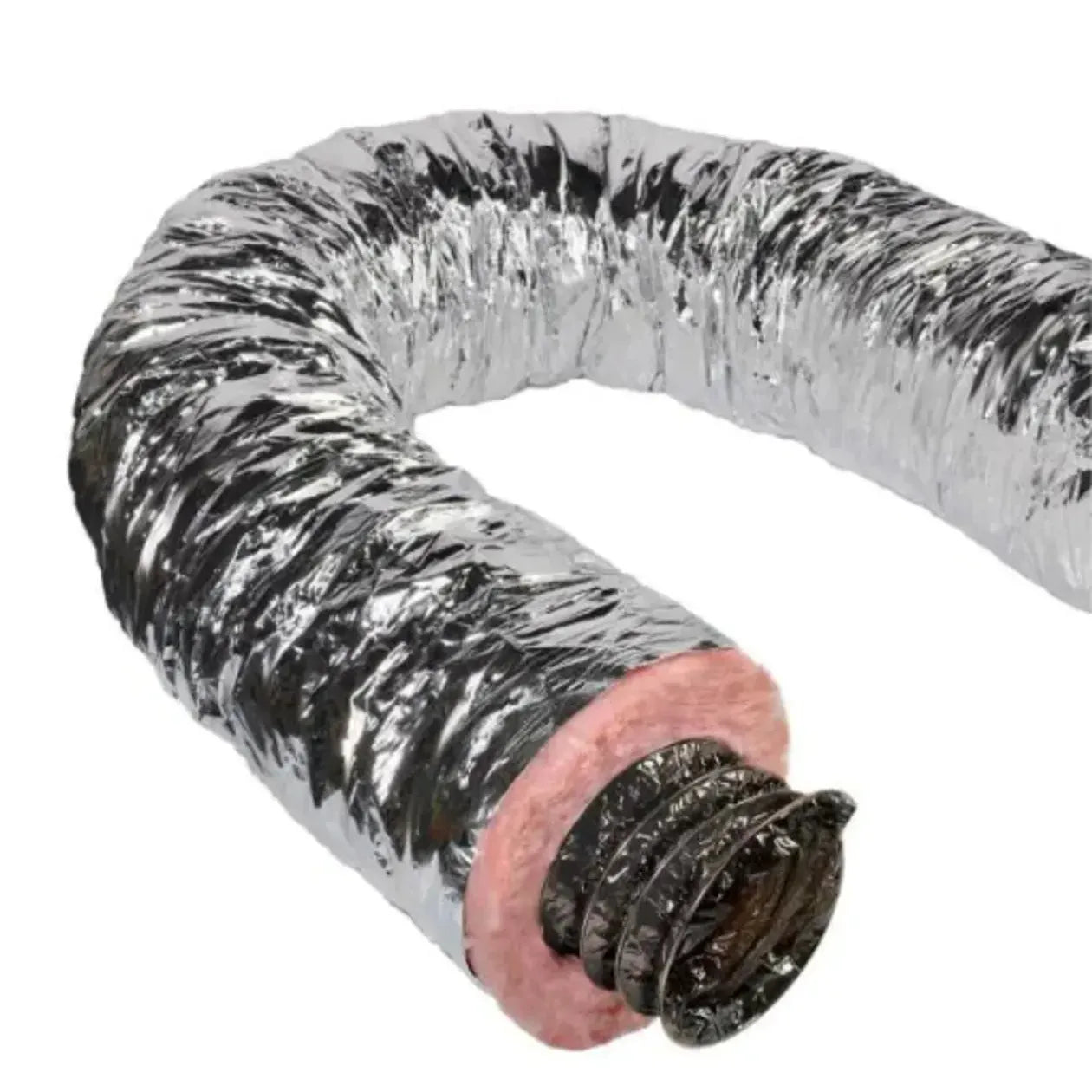 The Go Build 6 in. x 25 ft. Insulated Flexible Duct R6 Silver Jacket features a shiny silver exterior and exposed pink R6 fiberglass insulation, ideal for HVAC systems, on a white background.